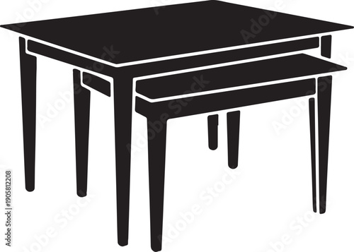 "Black silhouette illustration of two tables with smaller table partially nested under larger one, minimalist decorative artwork symbolizing space saving furniture, compact design and modern lifestyle