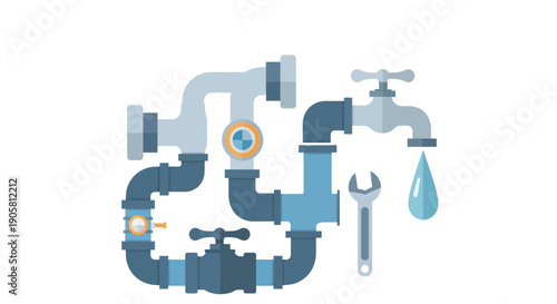 Stylized illustration of blue and gray plumbing pipes valves and a wrench