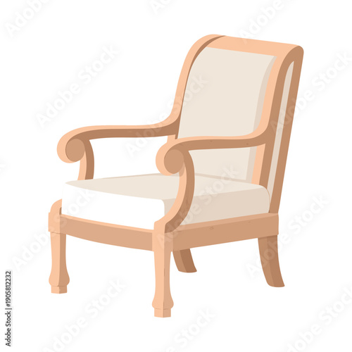 Elegant wooden armchair with plush cream cushion and curved armrests for classic interior design and home decor inspiration.