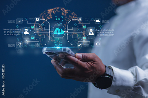 Concepts of artificial intelligence decision making, digital brain interfaces, data-driven strategic automation that visualizes processes, and intelligent enterprise technology.
