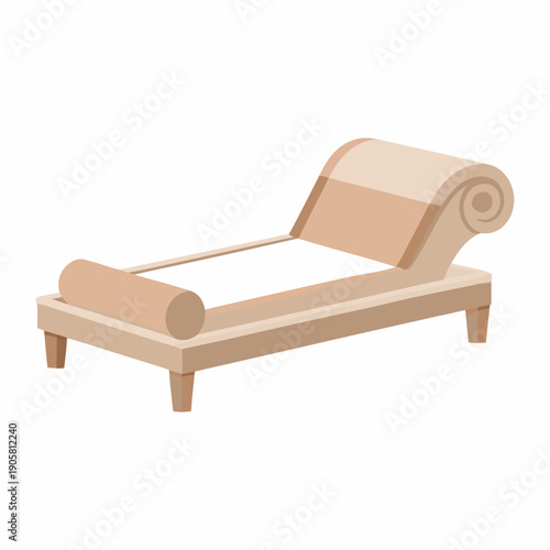 Elegant beige chaise lounge with rolled armrest and cushion on wooden legs in minimalist style.