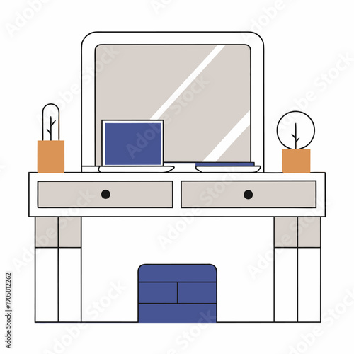 Modern vanity dressing table with large mirror, minimalist design, potted plants, and laptop for stylish bedroom decor inspiration.