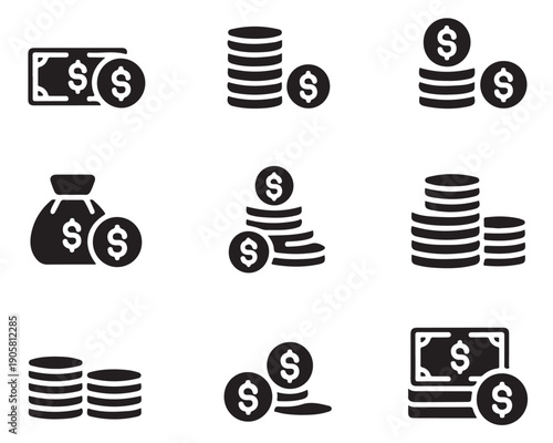 Collection of nine various dollar money symbols cash banknote and coin stack icons representing finance wealth and savings concept
