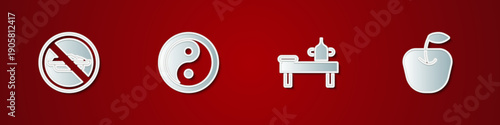 Set Food no diet, Yin Yang, Massage table with oil and Apple icon. Vector