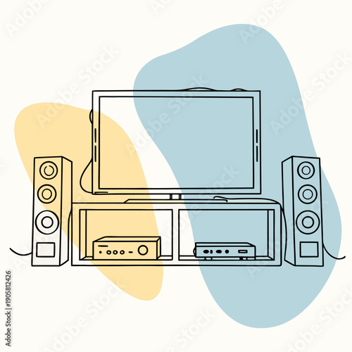 Minimalist home theater setup with modern flat screen, surround sound speakers, and media console decoration on abstract pastel background.