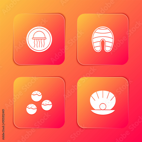 Free Download Set Jellyfish on a plate, Fish steak, Takoyaki and Shell with pearl icon. Vector - GFXLoad