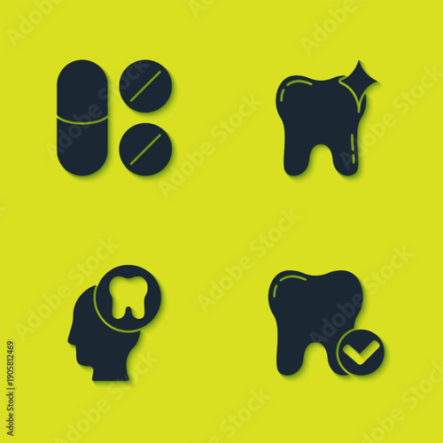 Set Painkiller tablet, Tooth whitening concept, Human head with tooth and icon. Vector