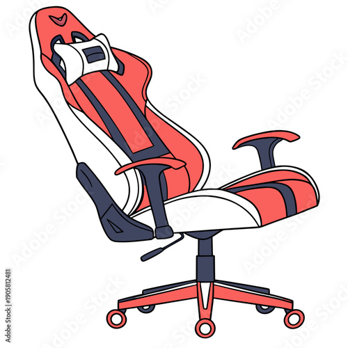 Ergonomic red and white gaming chair with comfortable armrests and adjustable height on swivel wheels for enhanced gaming experience and back support.