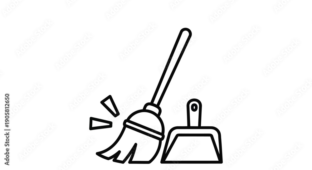 Fototapeta premium Simple line drawing of a broom and dustpan with scattered debris