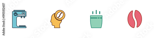 Set Coffee machine, Barista, cup and beans icon. Vector