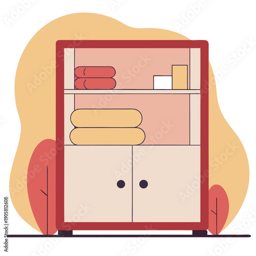 Modern cabinet with towels and toiletries in minimalist style against abstract background.