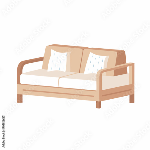 Modern minimalist wooden frame sofa with comfortable white cushions and subtle geometric pattern on pillows.