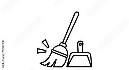 Simple line drawing of a broom and dustpan with scattered debris
