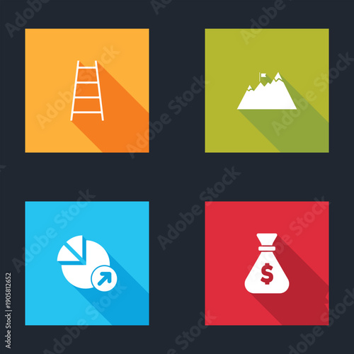 Set Stair with finish flag, Mountains, Financial growth and Money bag icon. Vector