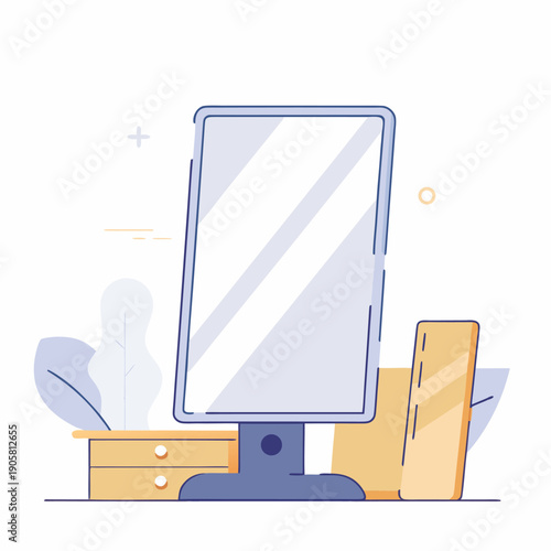 Modern digital tablet with stylus on stand surrounded by minimalist desk elements and abstract plant illustrations.