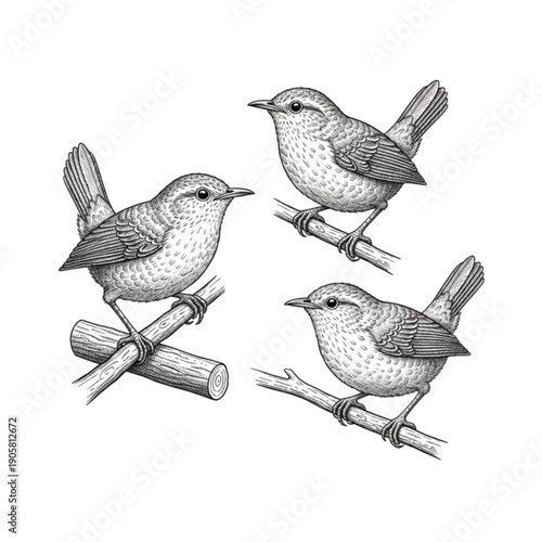 Three wren birds black and white engraving vector detailed vintage ornithology illustration isolated