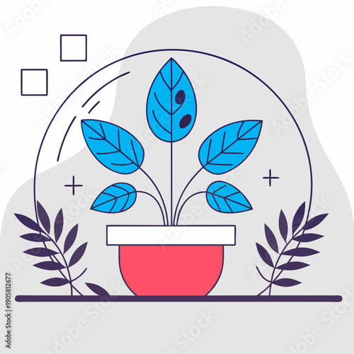 Minimalist botanical art: vibrant blue leaves in red pot with geometric elements and contemporary design aesthetic.