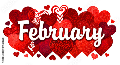 February_ Decorative typography with romantic Valentine inspired curves isolated on white or transparent background