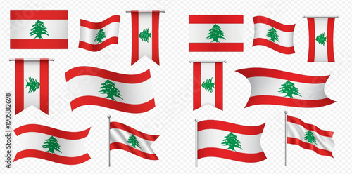 Set of Lebanese flags in various shapes and waving styles on a transparent background, depicting national pride and identity.