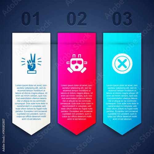 Set Hand showing two finger, Gas mask and X Mark, Cross circle. Business infographic template. Vector