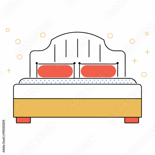 Minimalist bed design with polka dot linens and orange pillows featuring a modern headboard and yellow base on a white background.