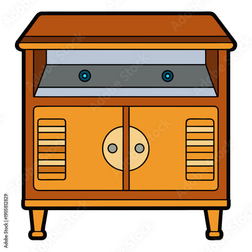 Vintage wooden cabinet with two shutter doors and open storage compartment on tall legs for home interior decor.