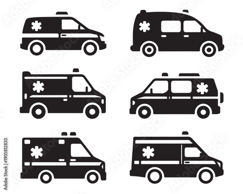 Group of six different black silhouette icons depicting various styles of modern and classic ambulance emergency medical service vehicles