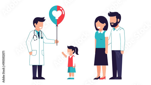 Child Healthcare: A caring doctor extends a symbolic balloon to a young girl and her parents, symbolizing the vital connection between healthcare and family.