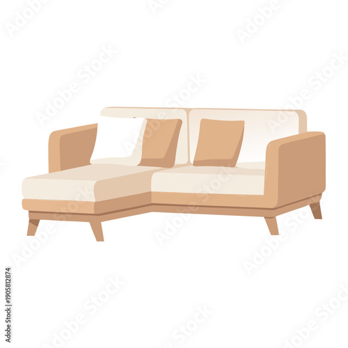 Modern beige l-shaped sofa with cushions on wooden legs isolated on white background.