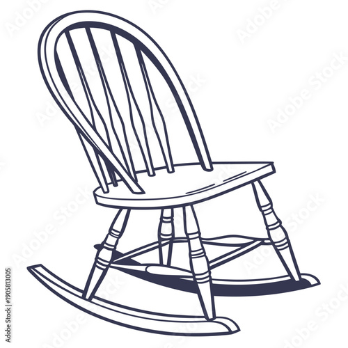 Traditional wooden rocking chair with spindle back design in simple line art.