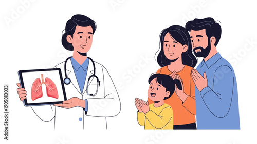 Doctor explaining X-ray to family: A caring doctor elucidates an X-ray of lungs to a family, nurturing understanding and proactive care within a supportive environment.