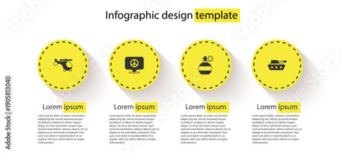Set Helicopter, Location peace, Hand grenade and Military tank. Business infographic template. Vector