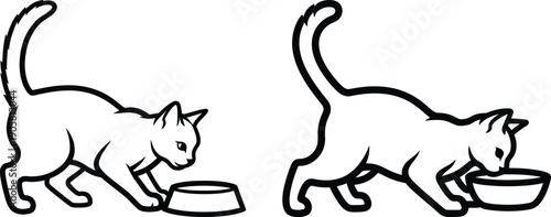 Two cats are eating food from bowls, one cat is eating from a bowl on the floor