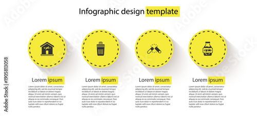 Set No smoking at home, Trash can, Broken cigarette and Nicotine gum blister pack. Business infographic template. Vector