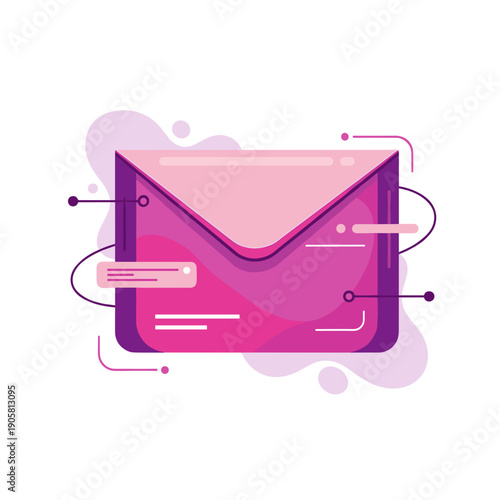 Illustration of a pink mailer bag with digital elements, isolated on a white background, featuring abstract shapes and vibrant colors