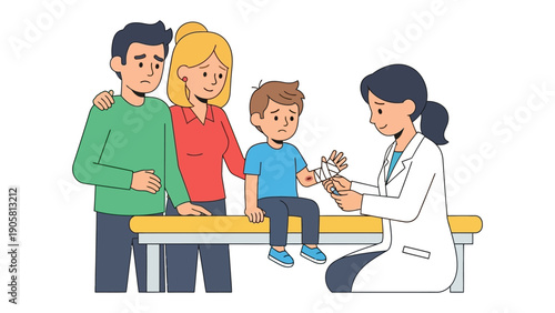 Medical Consultation: In a moment of care, a young patient and their concerned parents receive attention from a compassionate healthcare professional.