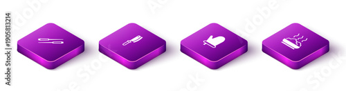 Set Isometric Food chopsticks, Meat chopper, Oven glove and Bowl of hot soup icon. Vector