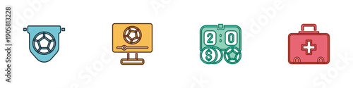 Set Football flag pennant, match on TV, betting money and First aid kit icon. Vector