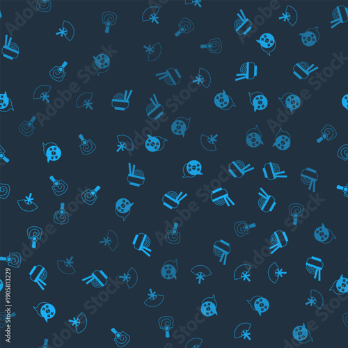 Set Traditional fan, Asian noodles in bowl, South Korea flag and Korean hand on seamless pattern. Vector