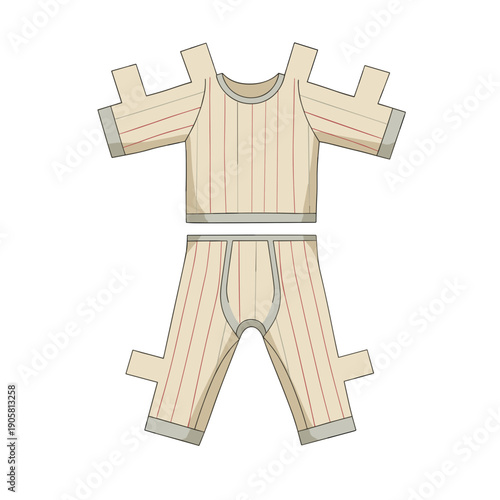 Illustration of classic long johns with red stripes isolated on a white background, featuring a vintage paper doll cut-out style