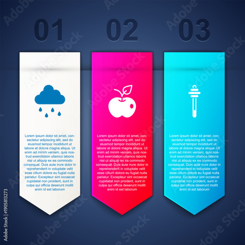 Set Cloud with rain, Apple and Honey dipper stick. Business infographic template. Vector