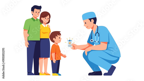 Vaccination Journey: A friendly medic administers a vaccination to a child, accompanied by his supportive parents, in a visual narrative of healthcare and community wellness.
