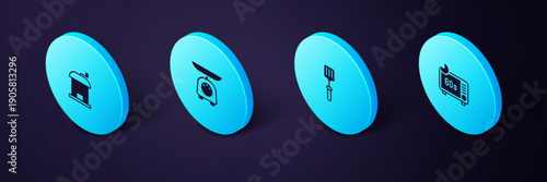 Set Isometric Microwave oven, Barbecue spatula, Scales and Manual coffee grinder icon. Vector