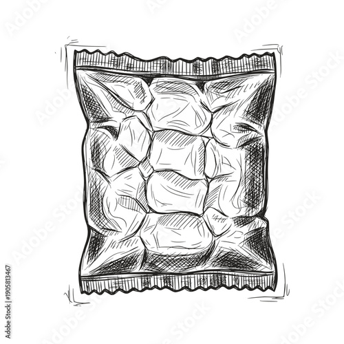 Illustration of a crumpled foil pouch with intricate sketch details isolated on a white background