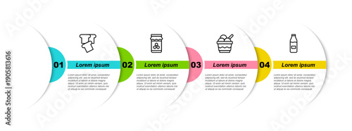 Set line Bread toast, Jar of honey, Ice cream in bowl and Bottle with milk. Business infographic template. Vector