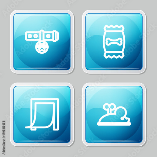 Set line Collar with name tag, Bag of food for pet, Door and Clockwork mouse icon. Vector