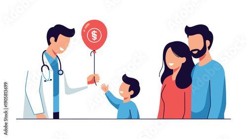 Medical Support & Family Care: A caring doctor extends a balloon to a child, while the child's parents show their care.