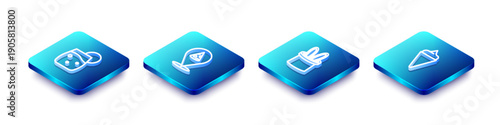 Set Isometric line Cocktail, Slice of pizza, Magician hat and rabbit ears and Ice cream in waffle cone icon. Vector