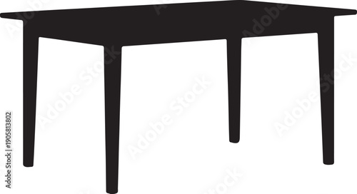"Black silhouette illustration of rectangular table with four legs and flat top surface, minimalist decorative artwork symbolizing dining, workspace, furniture design and everyday functional lifestyle