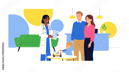 Medical Consultation: A dedicated doctor engages in a thorough consultation with a caring family, focusing on the well-being of the family unit and the child.